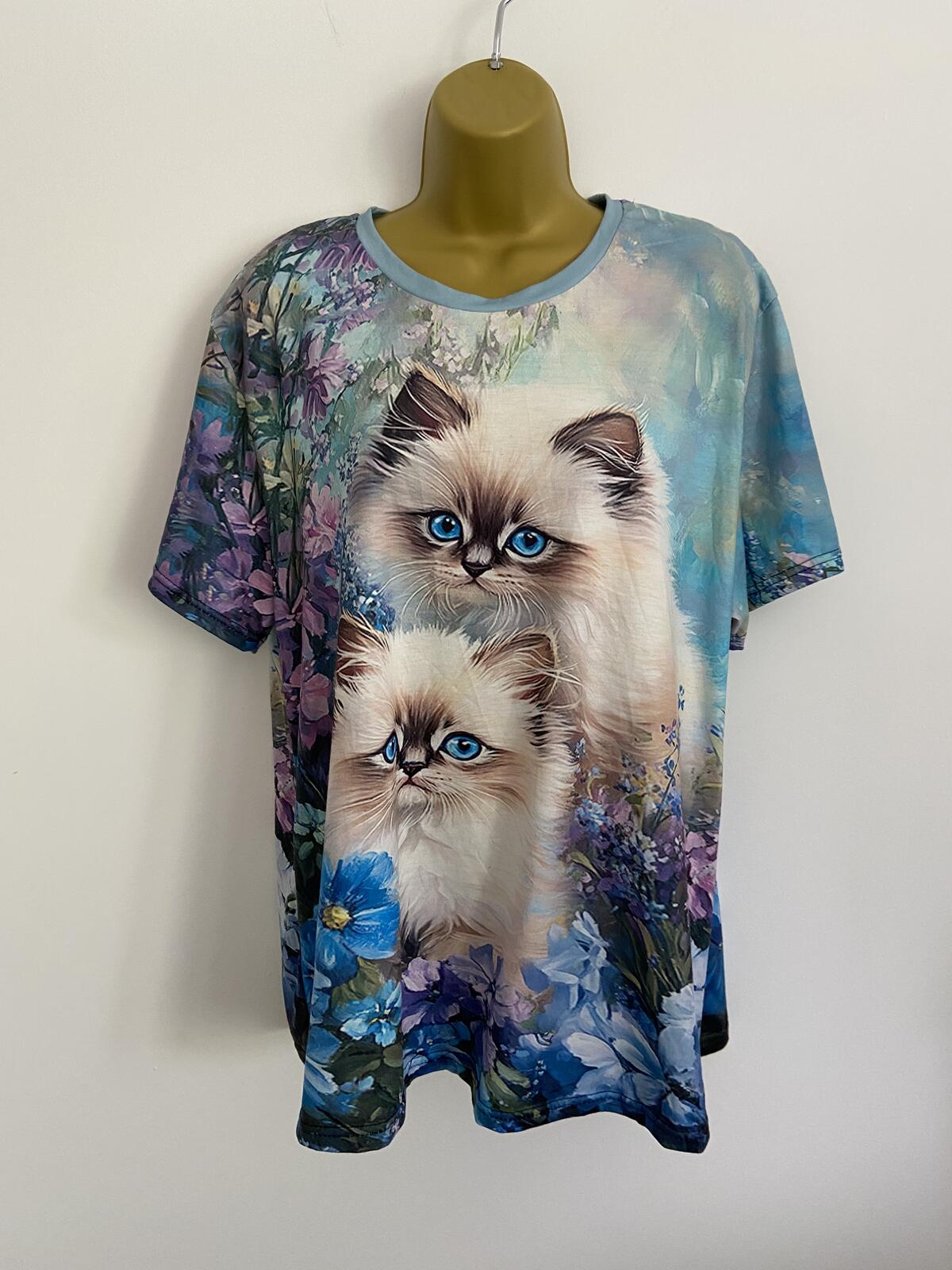 Blue Floral Siamese Cat Print T-Shirt - Size 2XL