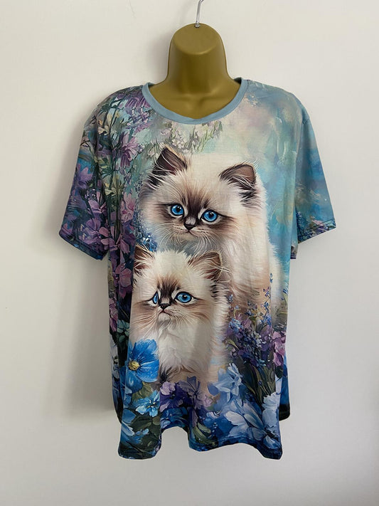 Blue Floral Siamese Cat Print T-Shirt - Size 2XL