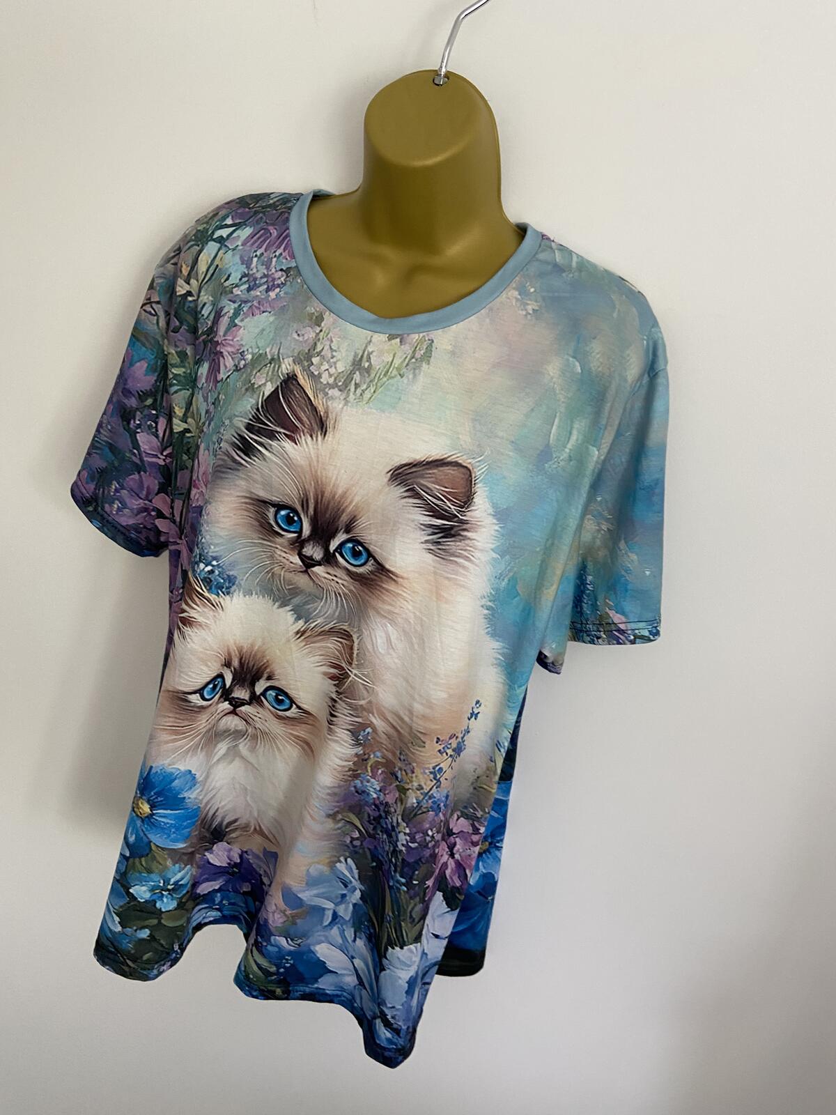 Blue Floral Siamese Cat Print T-Shirt - Size 2XL