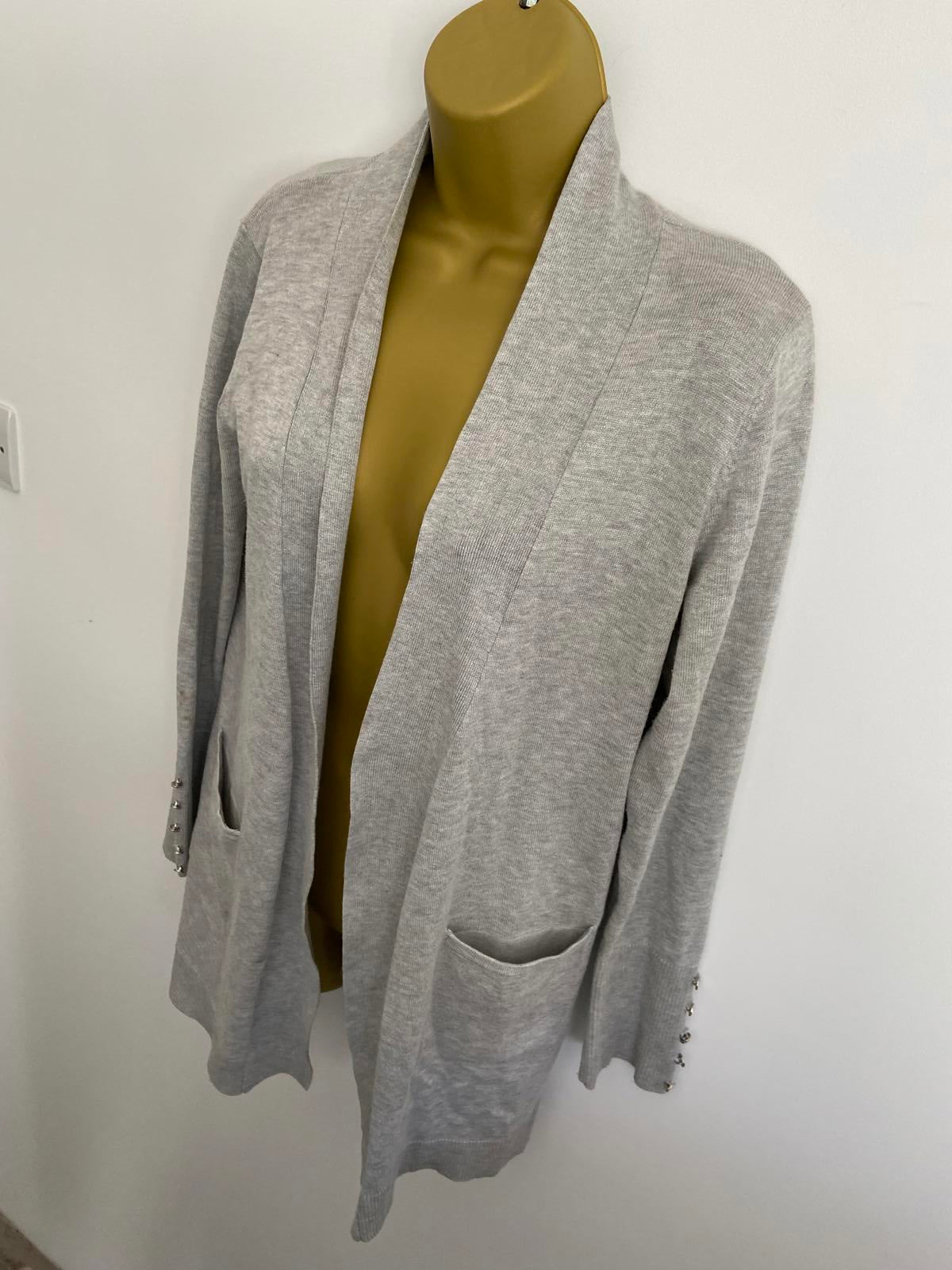 Primark Grey Cardigan - Silver Cuff Buttons & Pockets, Size Small (UK 10-12)