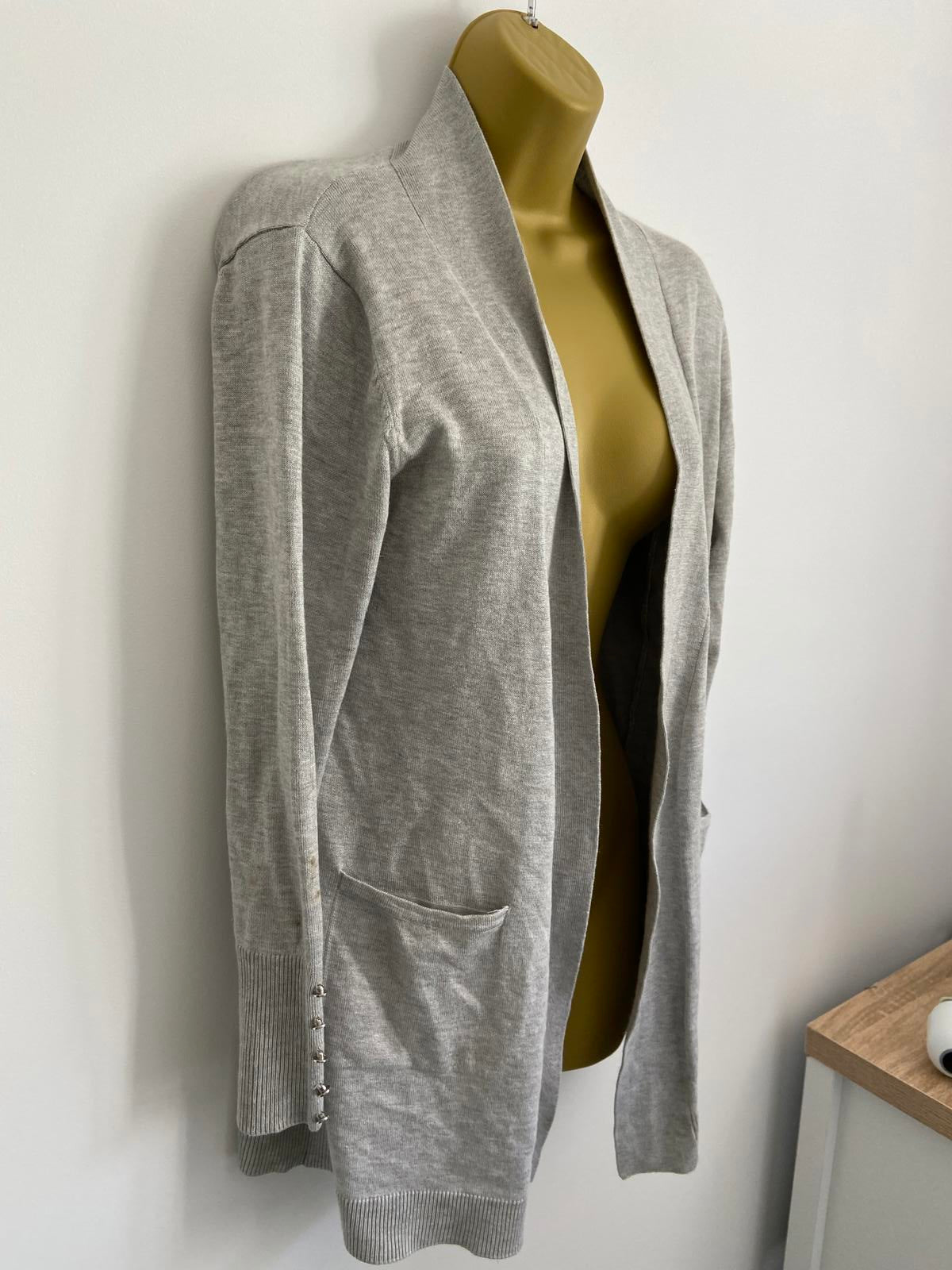 Primark Grey Cardigan - Silver Cuff Buttons & Pockets, Size Small (UK 10-12)