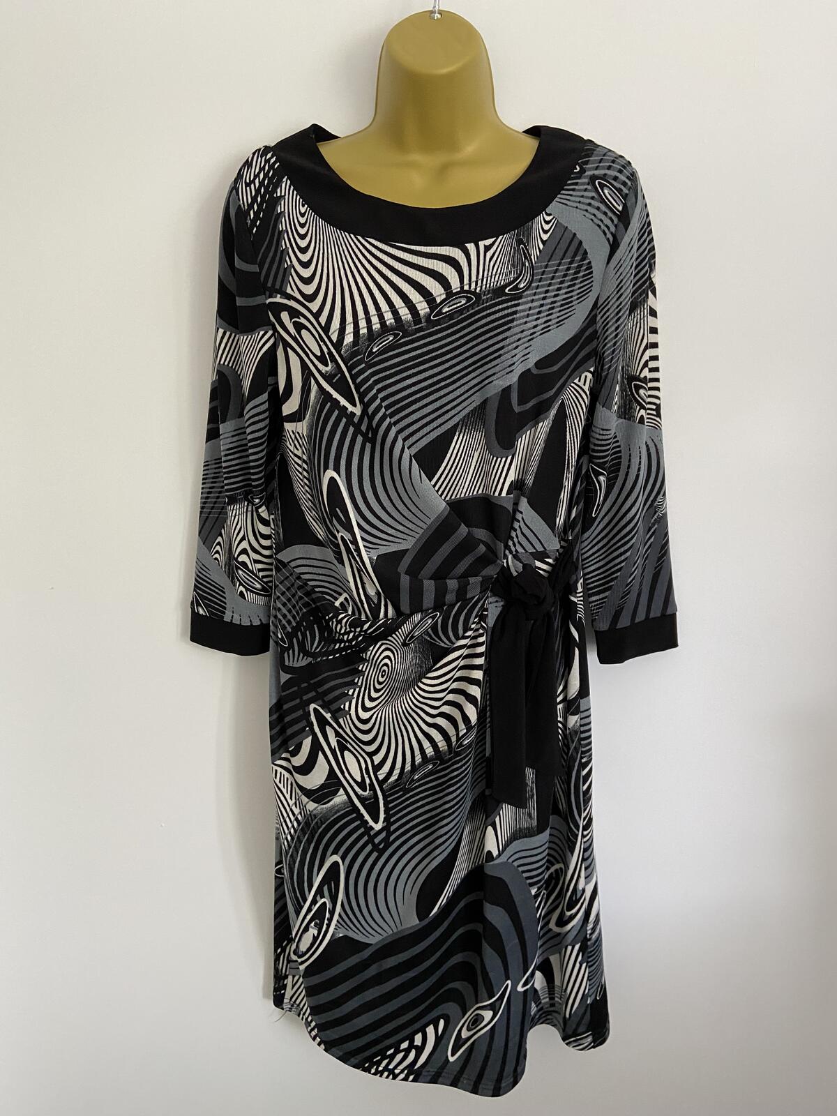 Simon Jeffrey Black, White & Blue Abstract Side Tie Dress - Size 14