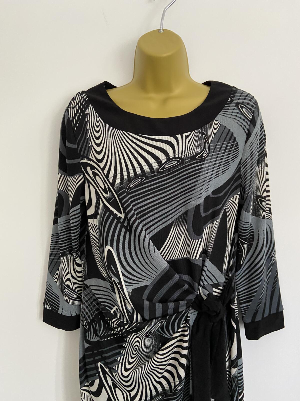 Simon Jeffrey Black, White & Blue Abstract Side Tie Dress - Size 14
