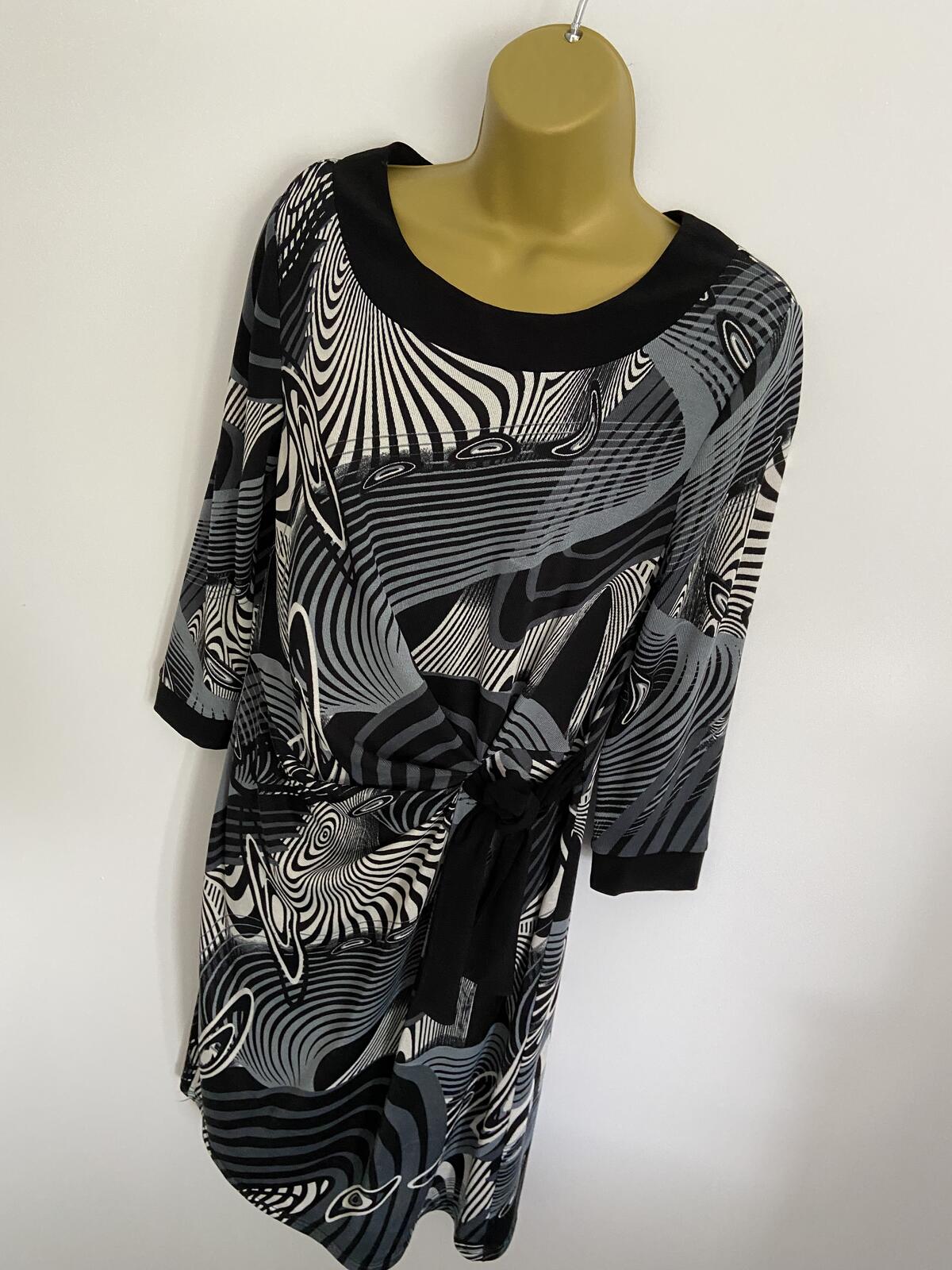 Simon Jeffrey Black, White & Blue Abstract Side Tie Dress - Size 14