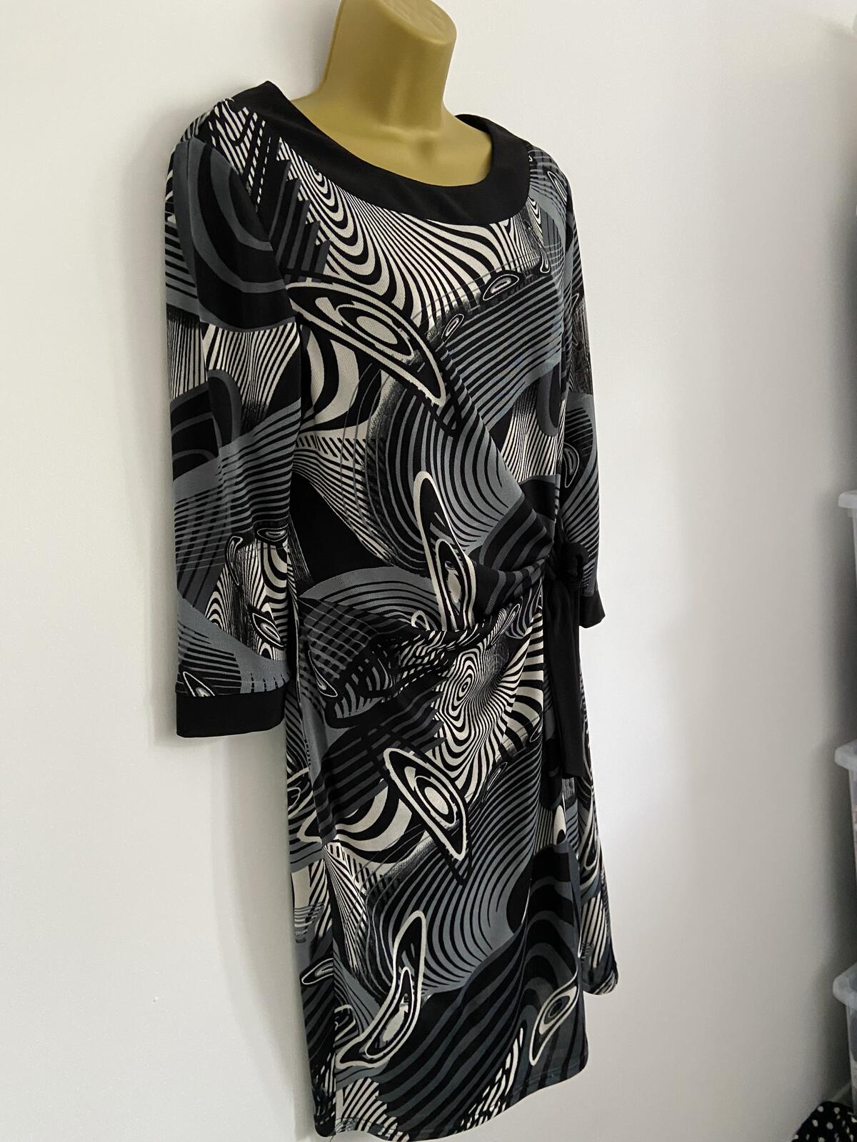 Simon Jeffrey Black, White & Blue Abstract Side Tie Dress - Size 14