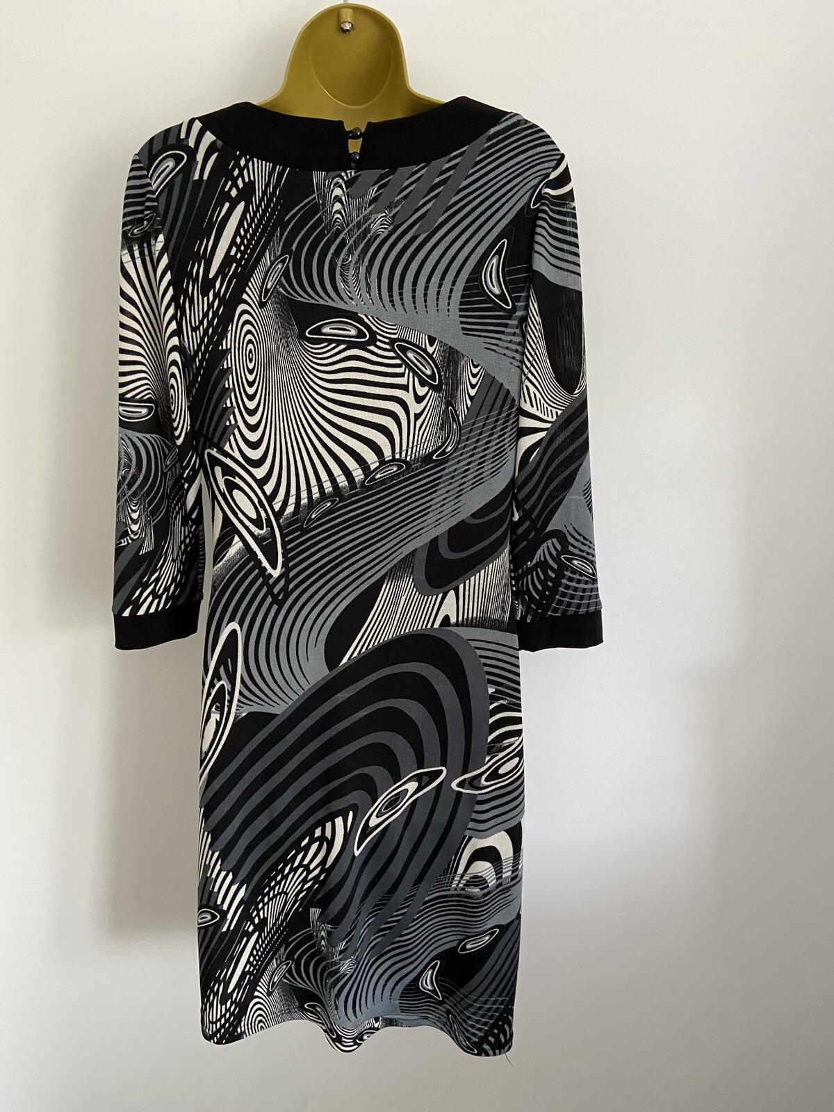 Simon Jeffrey Black, White & Blue Abstract Side Tie Dress - Size 14
