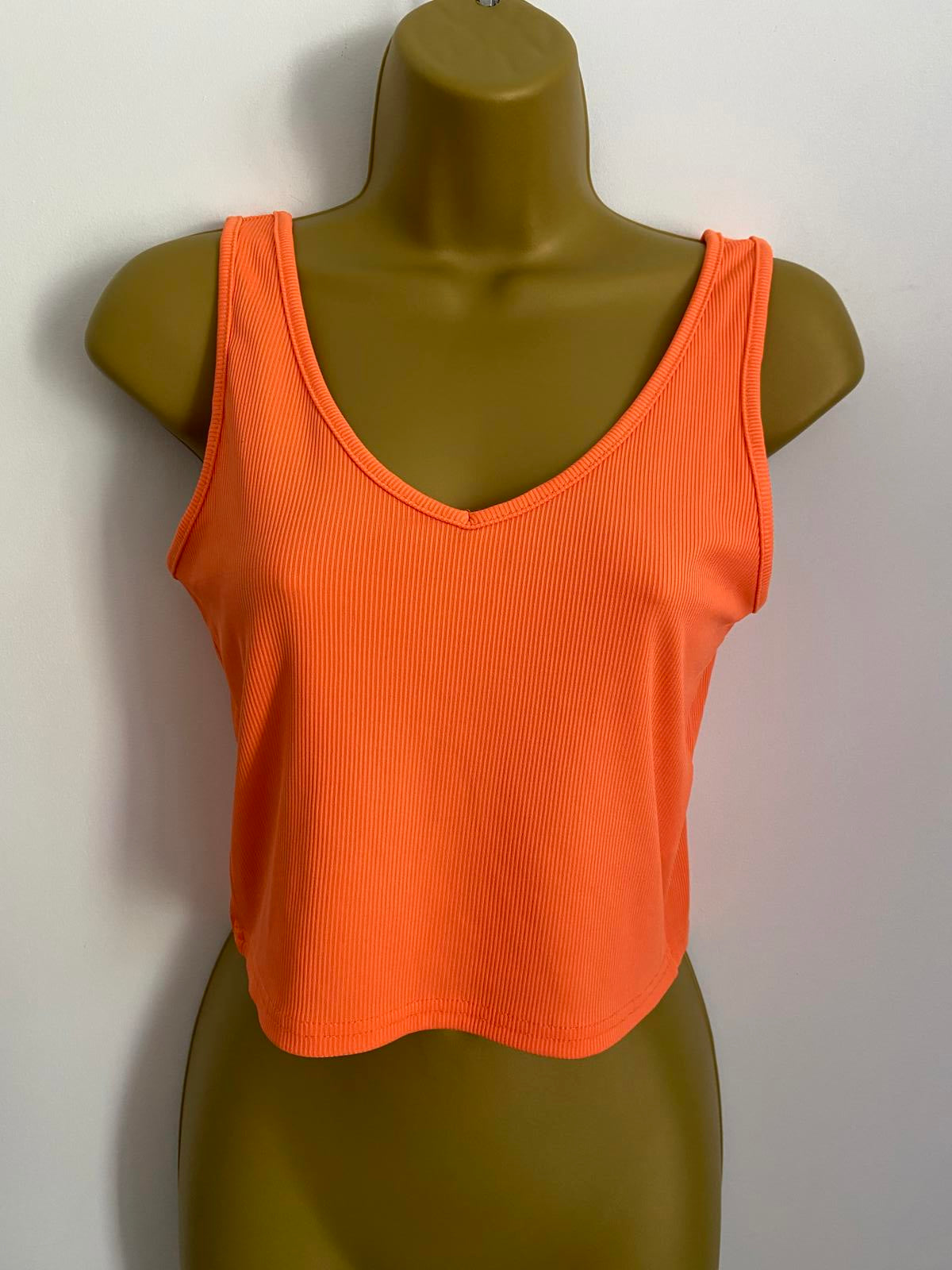 Shein Size Large Orange Ribbed Crop Top V-Neck Sleeveless Vest Summer Tank