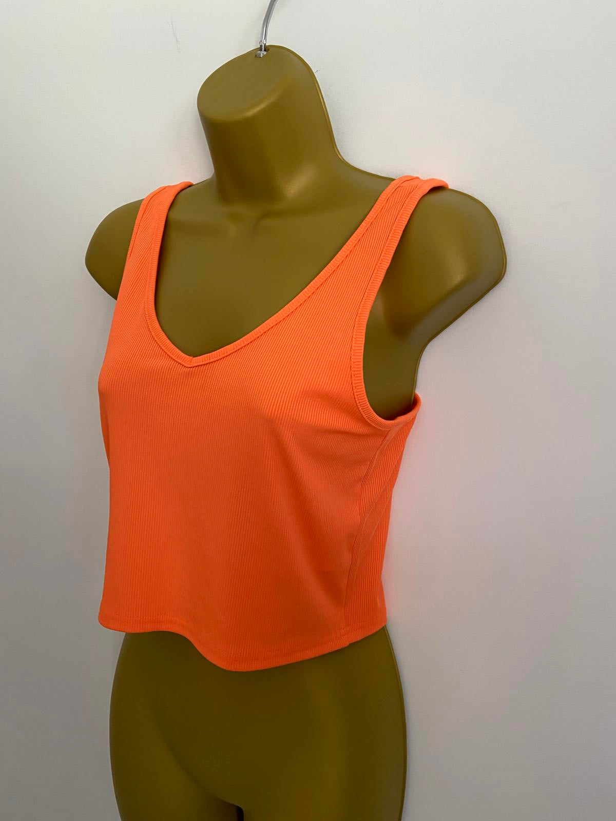 Shein Size Large Orange Ribbed Crop Top V-Neck Sleeveless Vest Summer Tank