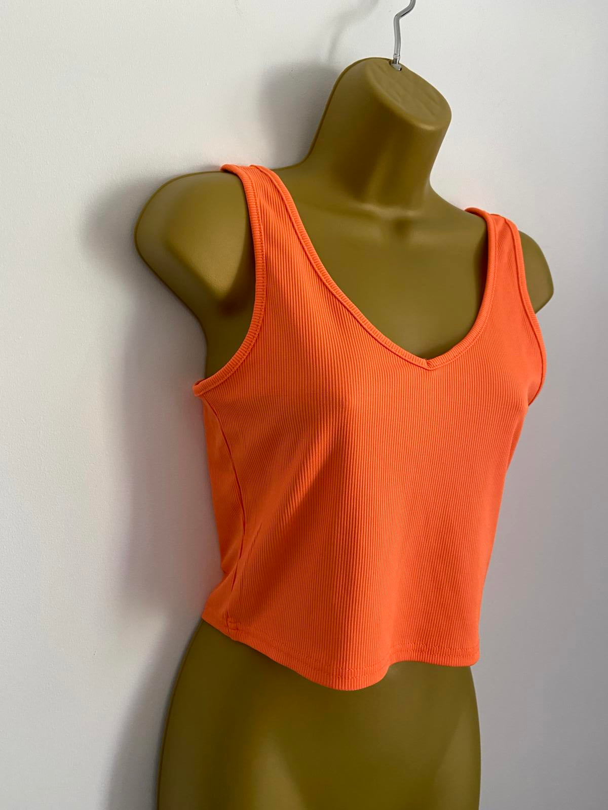 Shein Size Large Orange Ribbed Crop Top V-Neck Sleeveless Vest Summer Tank