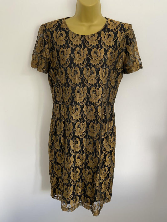 Vintage Black & Gold Floral Lace Short Sleeve Dress - Size 12