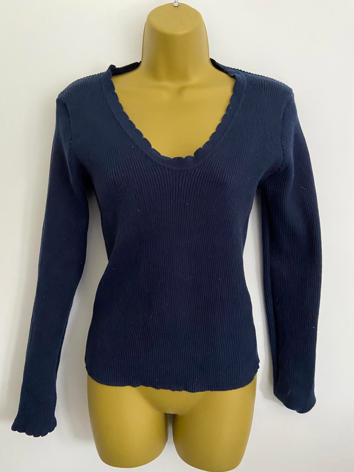 SHEIN Navy Ribbed Knit Top - V-Neck, Fluted Neckline & Cuffs, Size Large