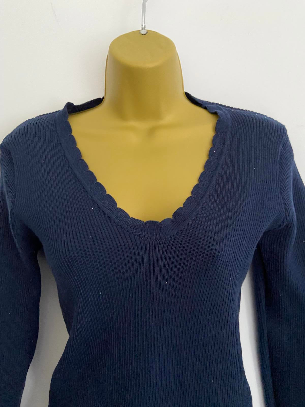 SHEIN Navy Ribbed Knit Top - V-Neck, Fluted Neckline & Cuffs, Size Large