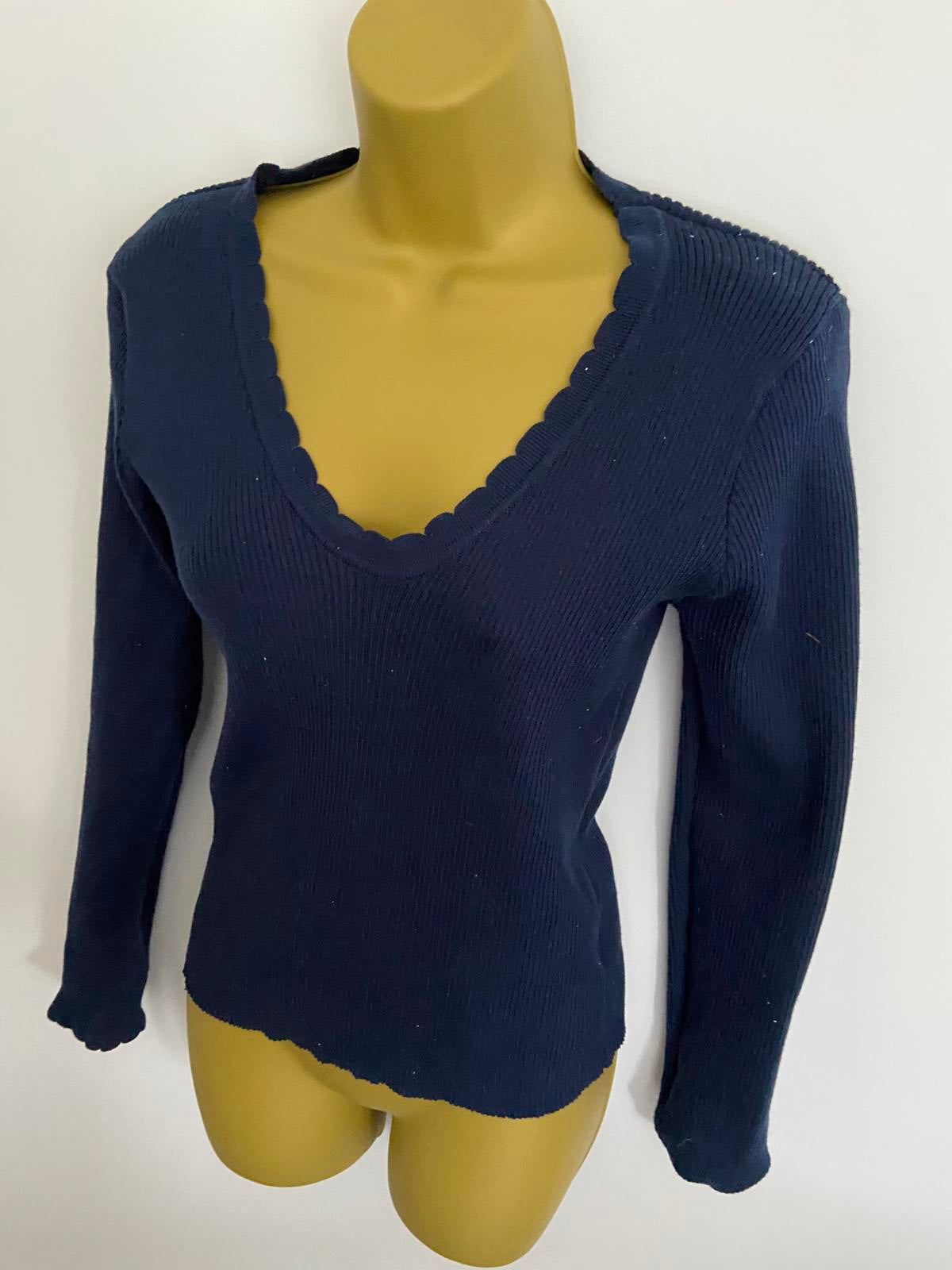 SHEIN Navy Ribbed Knit Top - V-Neck, Fluted Neckline & Cuffs, Size Large