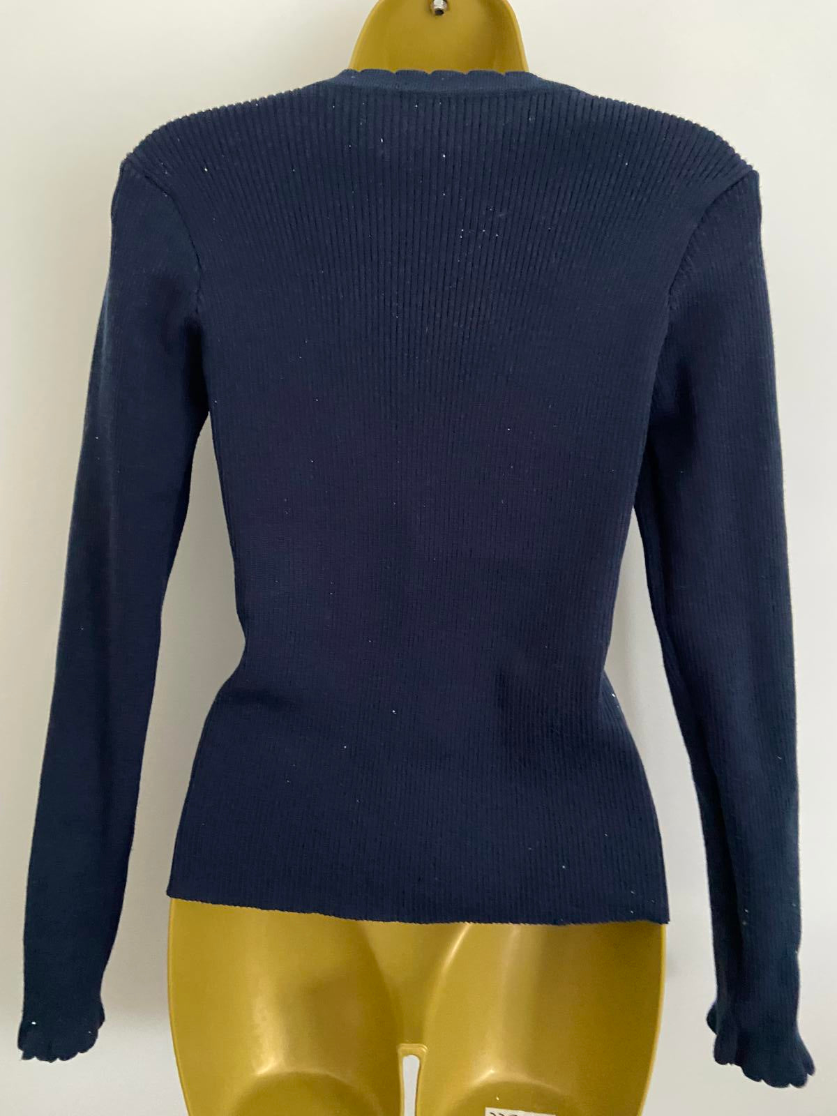 SHEIN Navy Ribbed Knit Top - V-Neck, Fluted Neckline & Cuffs, Size Large