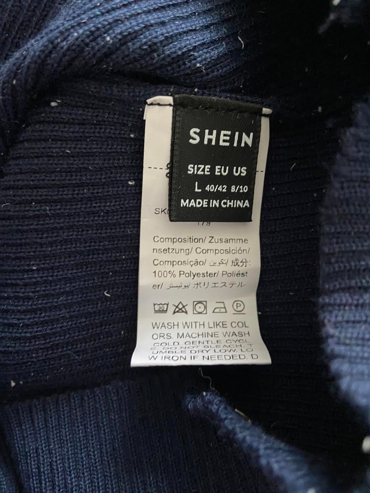 SHEIN Navy Ribbed Knit Top - V-Neck, Fluted Neckline & Cuffs, Size Large