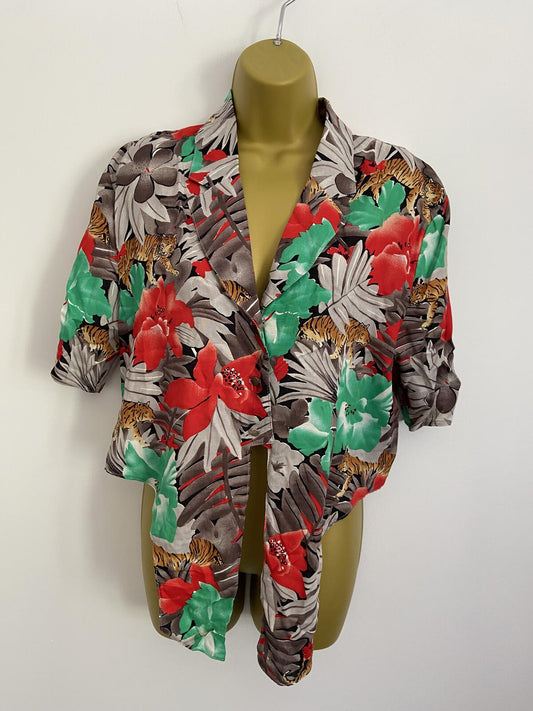 Etam Floral & Tiger Print Boxy Tie-Front Shirt - Size 16