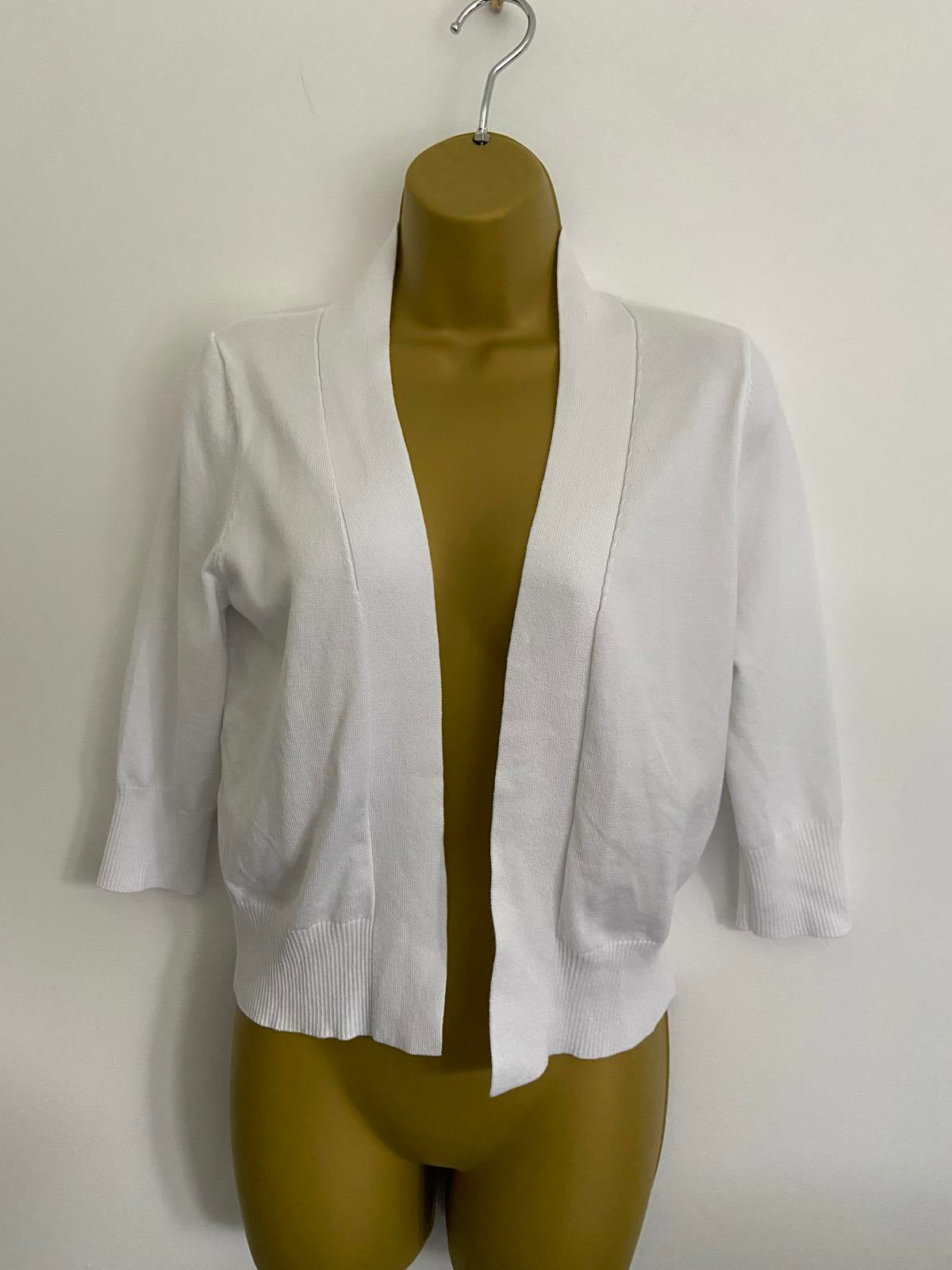 White Knit Cardigan - Short Sleeve, Open Front, Size Small