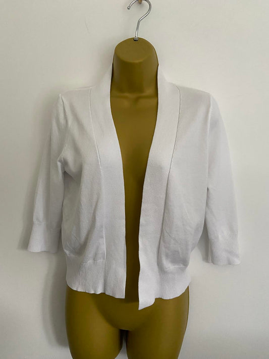 White Knit Cardigan - Short Sleeve, Open Front, Size Small