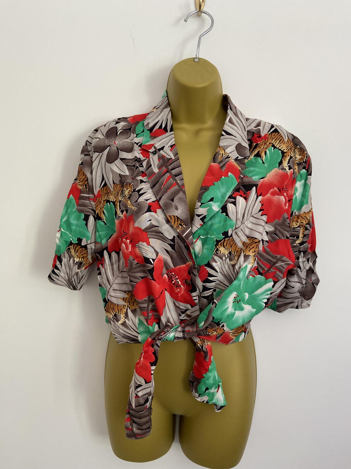 Etam Floral & Tiger Print Boxy Tie-Front Shirt - Size 16