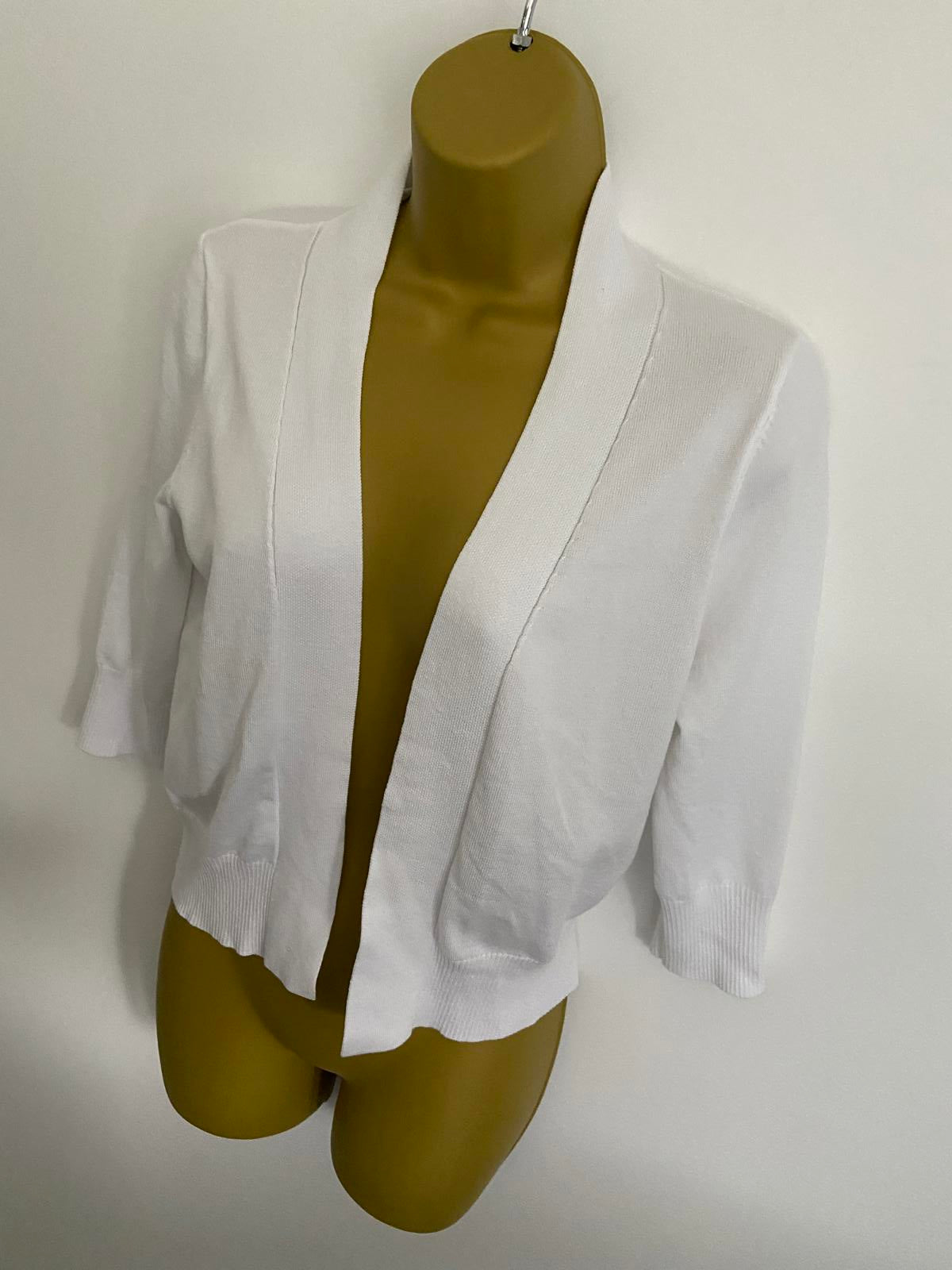 White Knit Cardigan - Short Sleeve, Open Front, Size Small