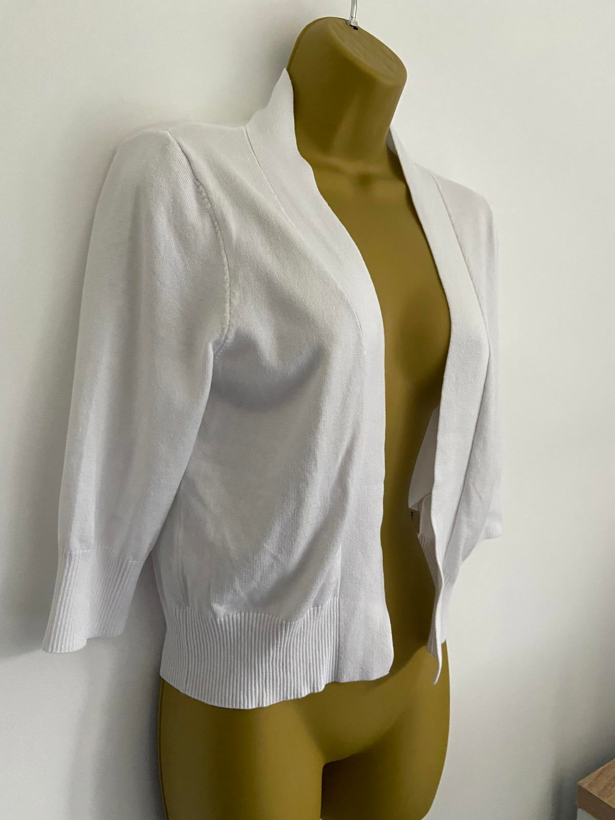 White Knit Cardigan - Short Sleeve, Open Front, Size Small