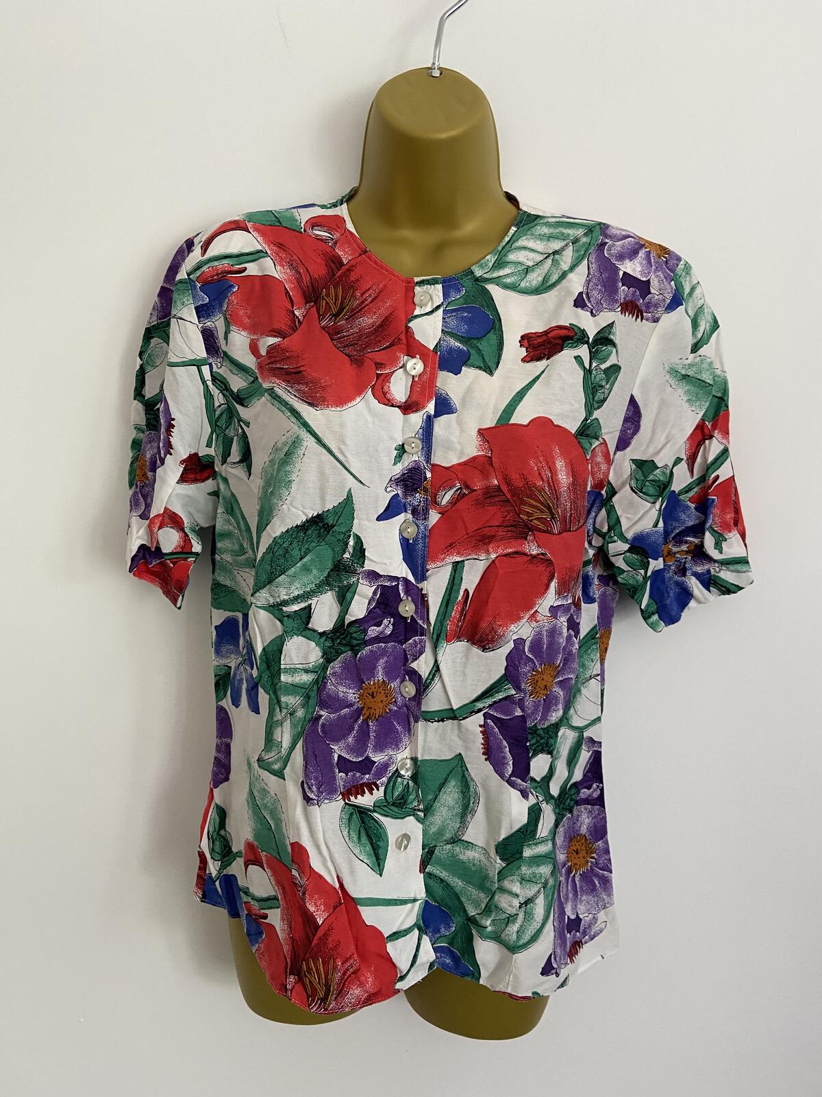 St Michael Floral Button-Front Short Sleeve Blouse - UK Size 10