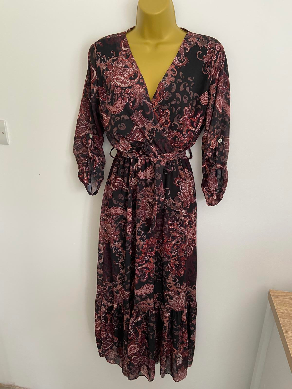 Brown & Black Paisley Print Wrap Dress UK Size 8-10
