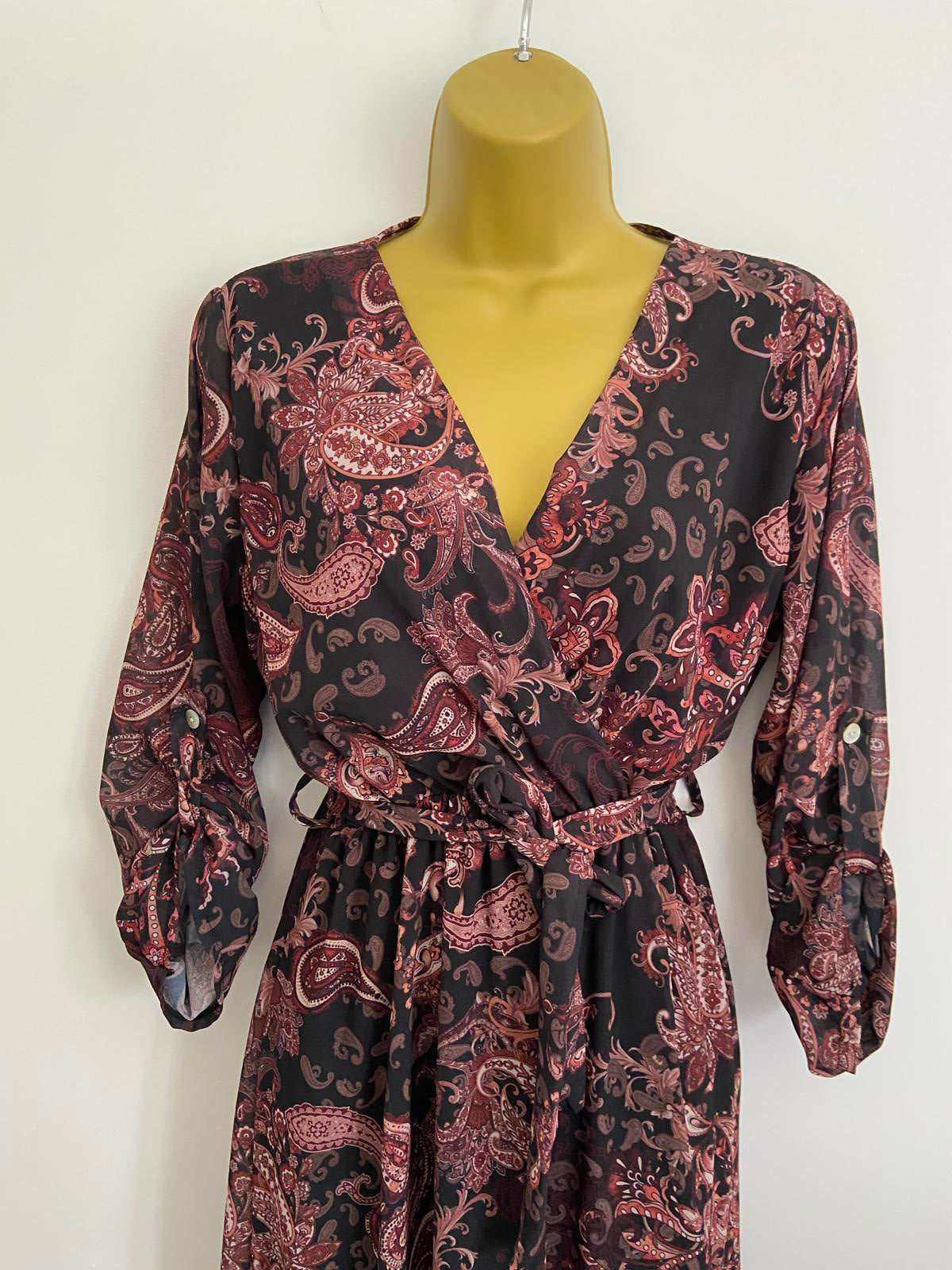 Brown & Black Paisley Print Wrap Dress UK Size 8-10