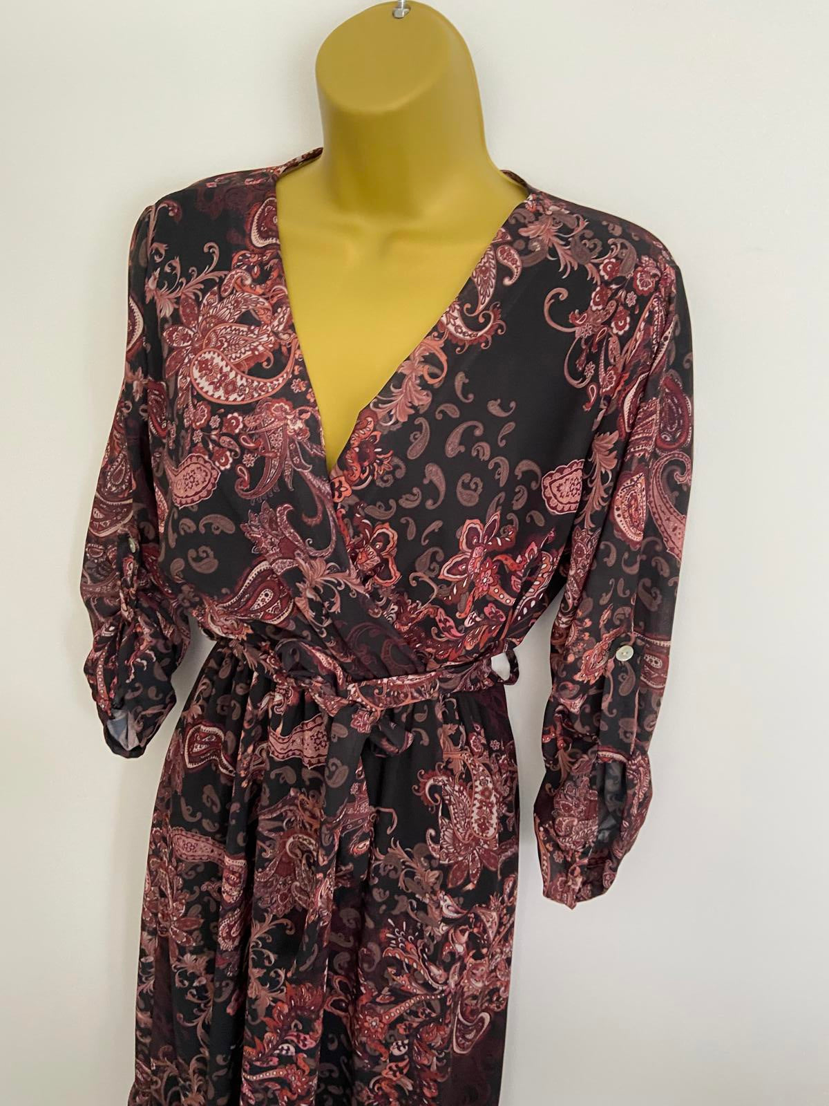 Brown & Black Paisley Print Wrap Dress UK Size 8-10