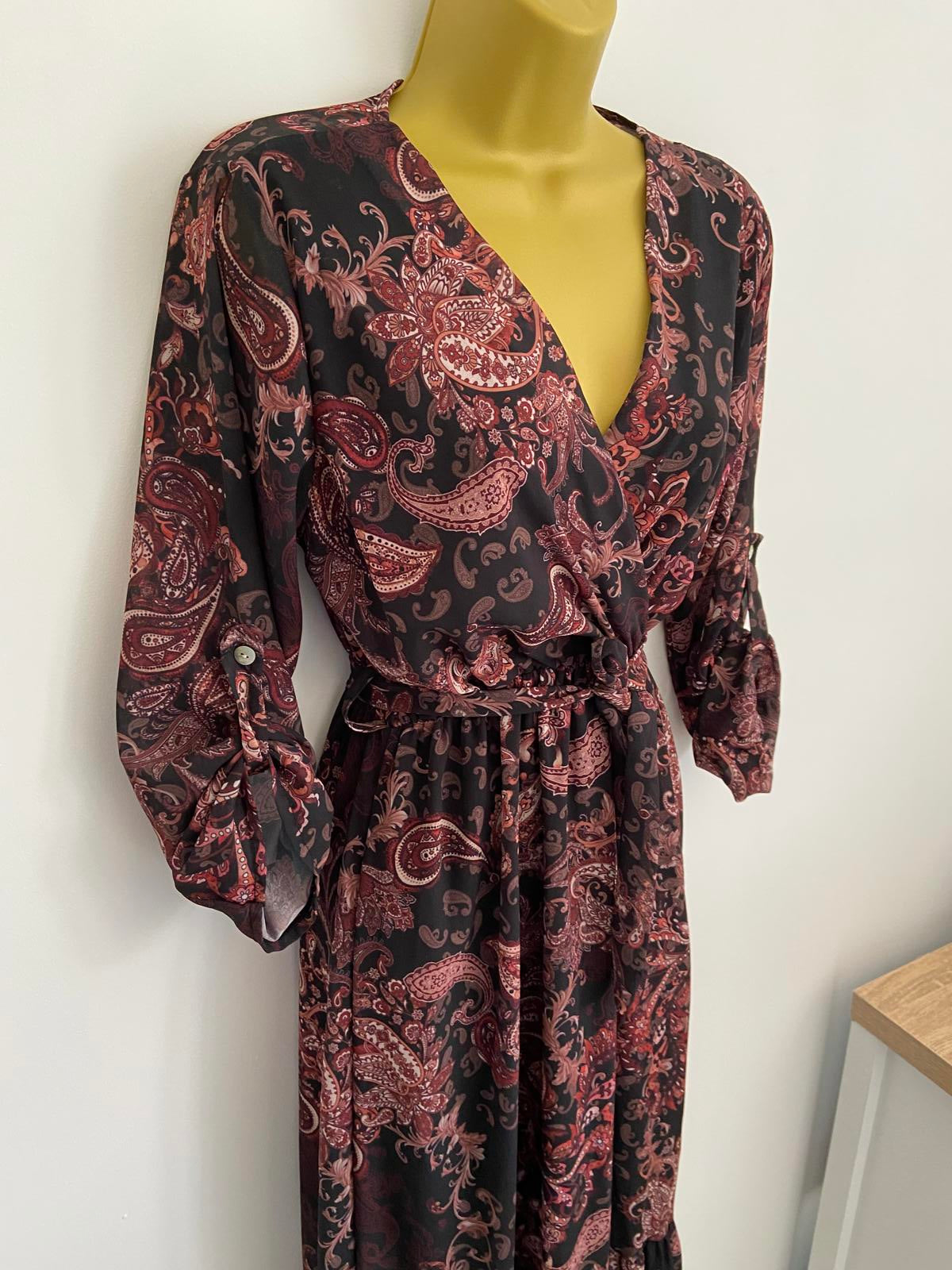 Brown & Black Paisley Print Wrap Dress UK Size 8-10