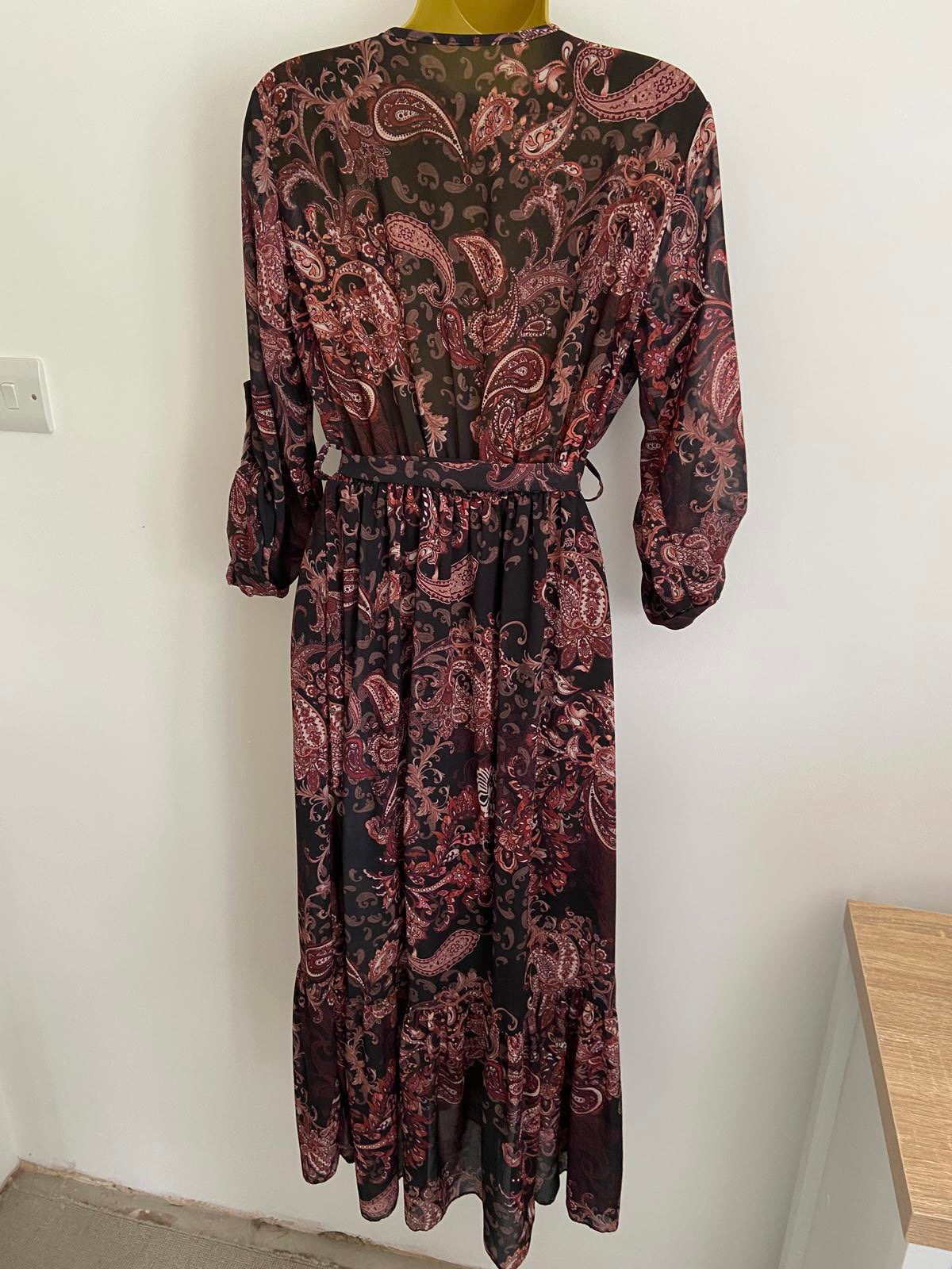 Brown & Black Paisley Print Wrap Dress UK Size 8-10