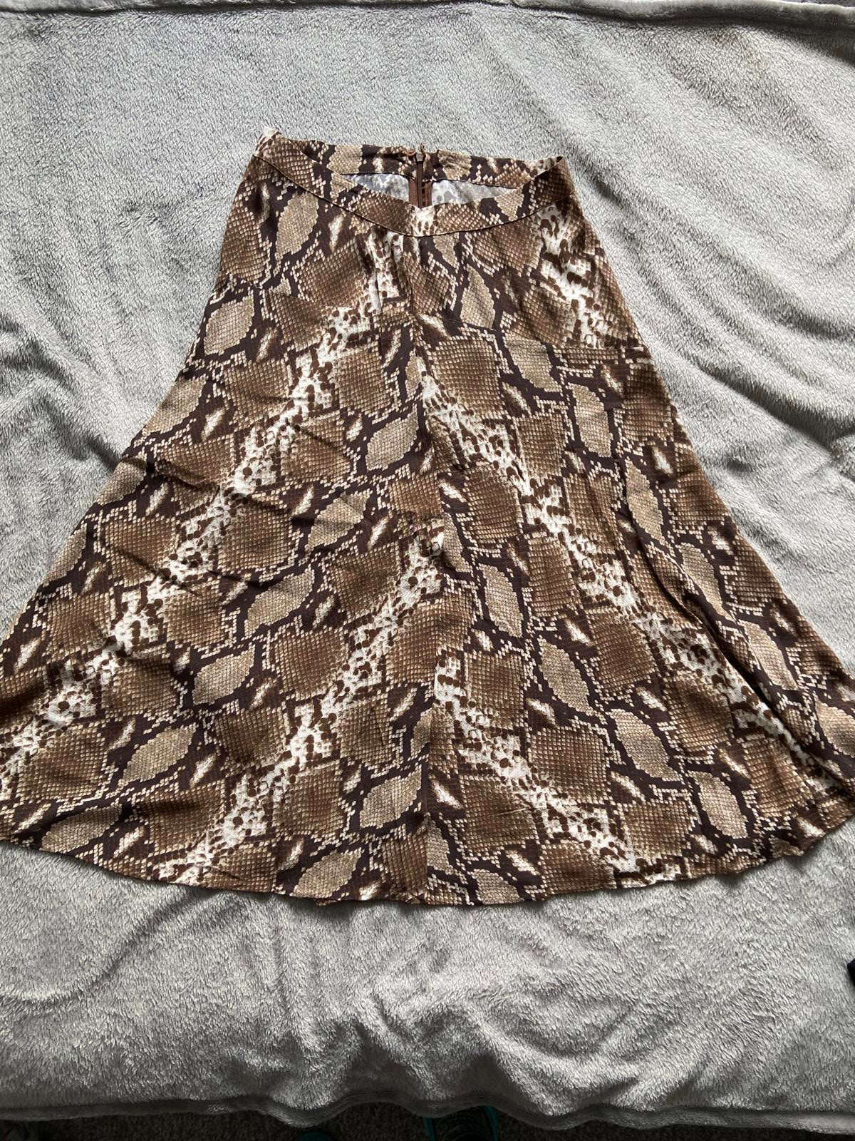 M&S Size 10 Petite Brown Snake Skin Print Skirt Midi Zip Fastening Two Slits