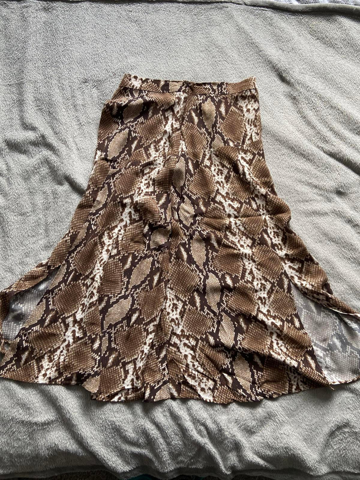 M&S Size 10 Petite Brown Snake Skin Print Skirt Midi Zip Fastening Two Slits