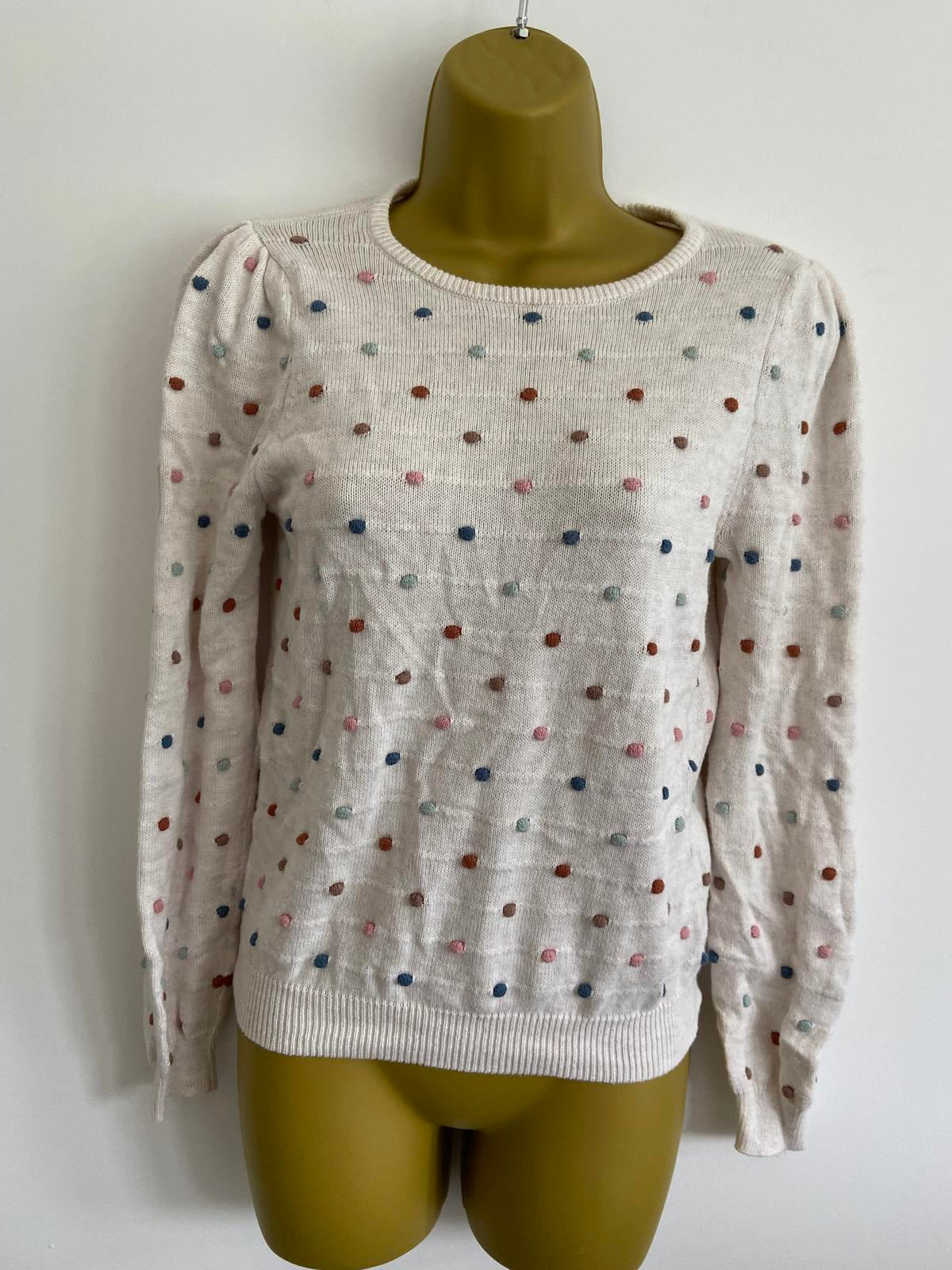 H&M Girls' Cream Knit Jumper - Multi-Coloured Embroidered Pom-Poms, Age 8-10