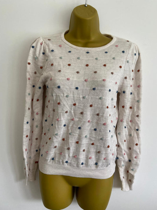 H&M Girls' Cream Knit Jumper - Multi-Coloured Embroidered Pom-Poms, Age 8-10