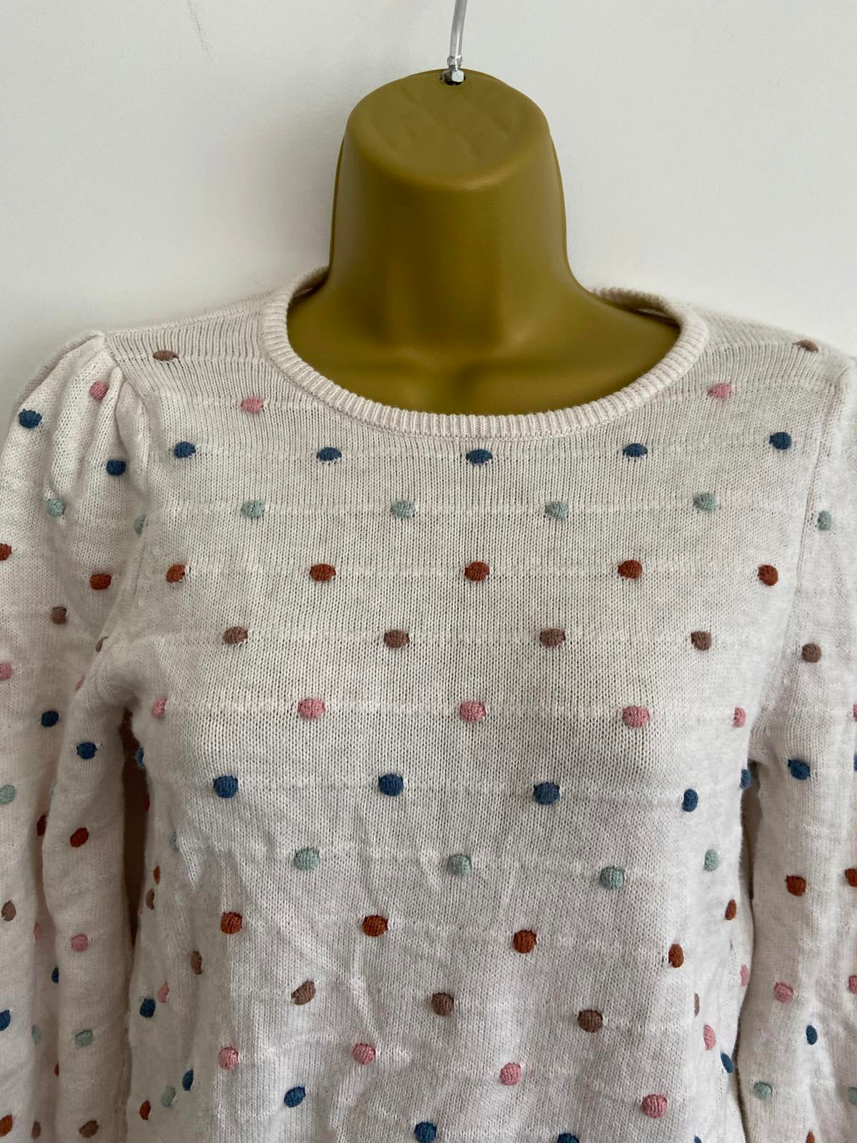 H&M Girls' Cream Knit Jumper - Multi-Coloured Embroidered Pom-Poms, Age 8-10