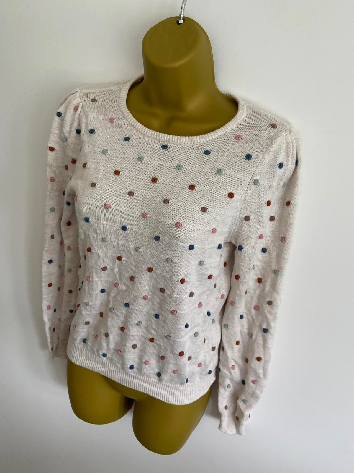 H&M Girls' Cream Knit Jumper - Multi-Coloured Embroidered Pom-Poms, Age 8-10