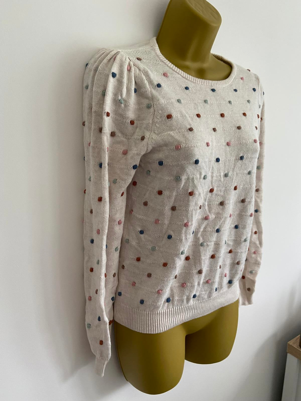 H&M Girls' Cream Knit Jumper - Multi-Coloured Embroidered Pom-Poms, Age 8-10