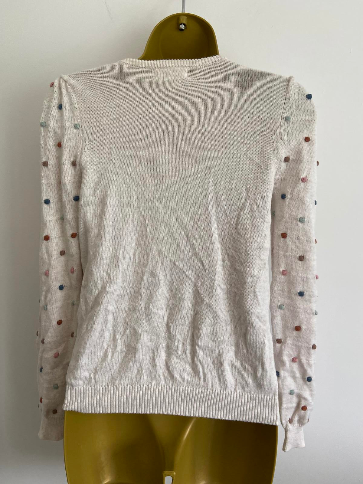 H&M Girls' Cream Knit Jumper - Multi-Coloured Embroidered Pom-Poms, Age 8-10