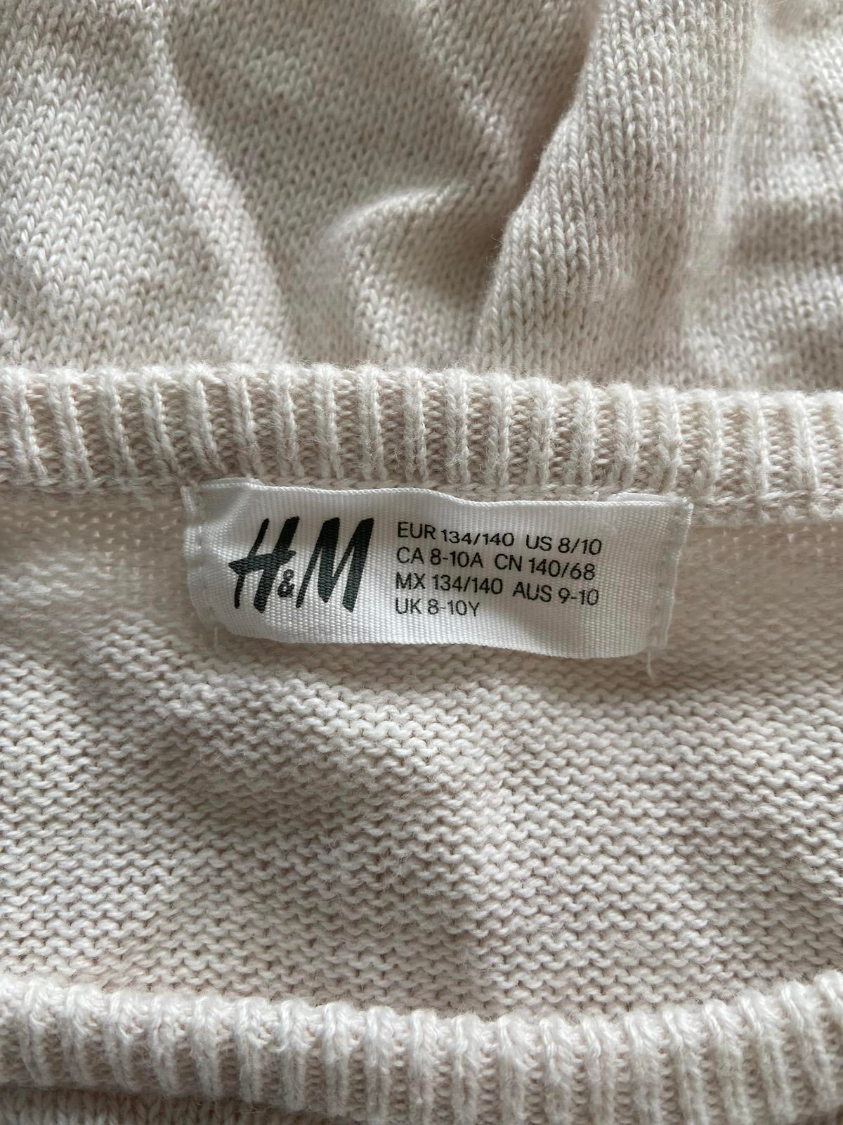 H&M Girls' Cream Knit Jumper - Multi-Coloured Embroidered Pom-Poms, Age 8-10