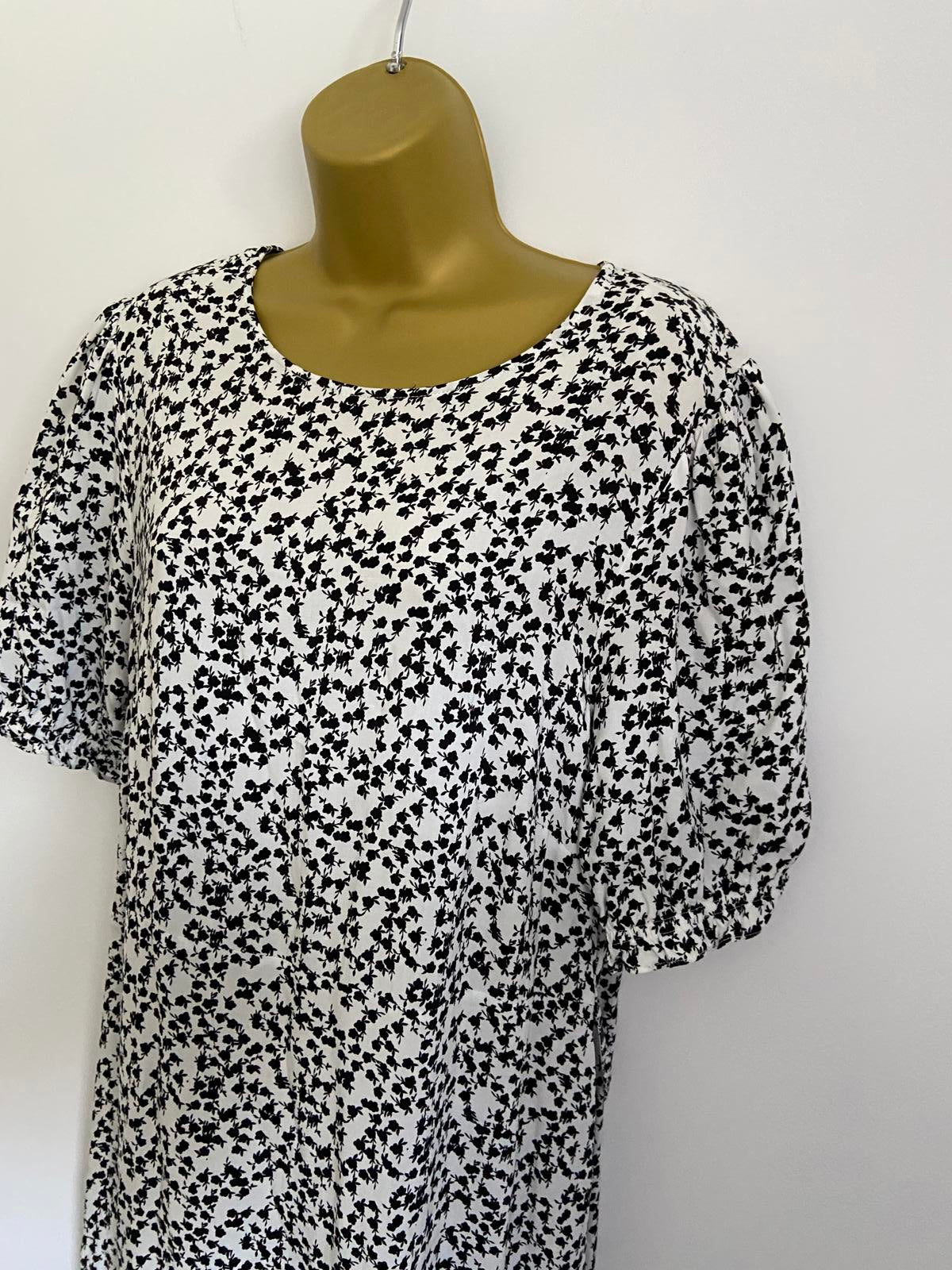 Matalan Size 18 Black & White Floral Midi Dress Short Sleeve Tie Waist