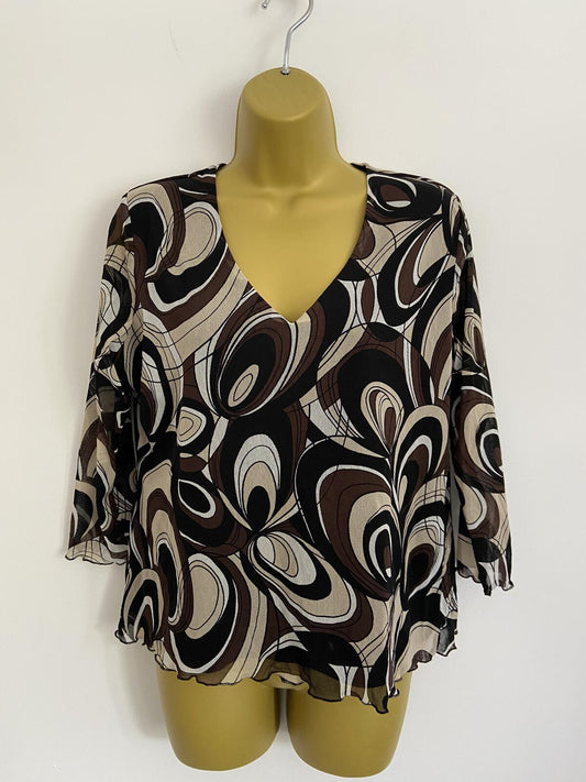 Saloos Black, Beige & Brown Abstract V-Neck Top - Size Medium