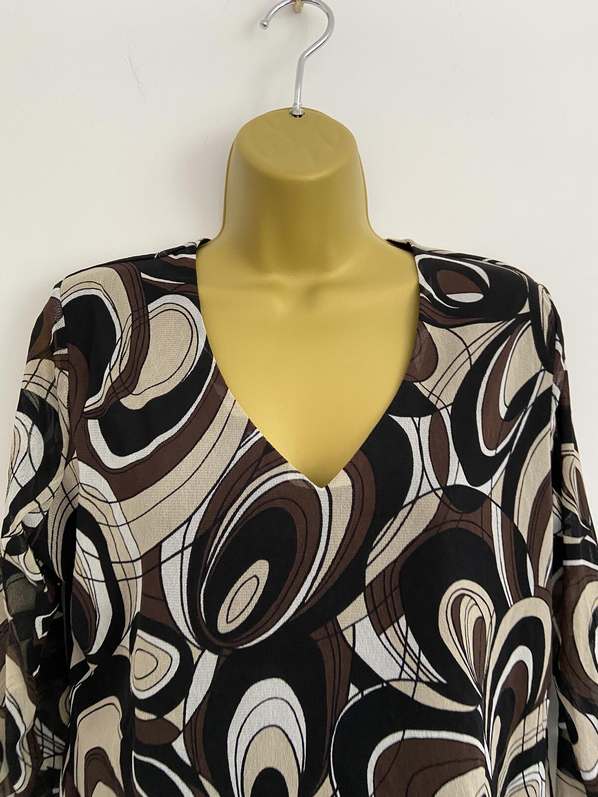Saloos Black, Beige & Brown Abstract V-Neck Top - Size Medium