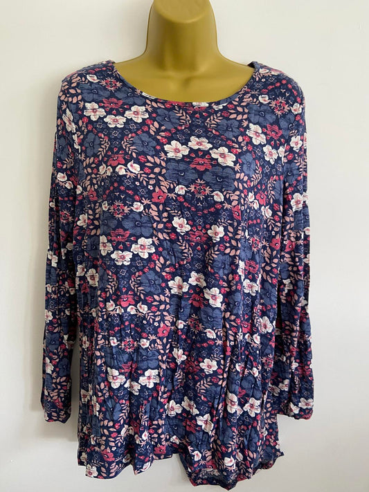 TU Navy Floral Top - Long Sleeve, Round Neck, Size 12