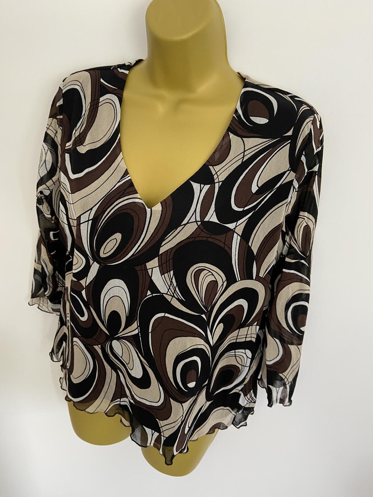 Saloos Black, Beige & Brown Abstract V-Neck Top - Size Medium