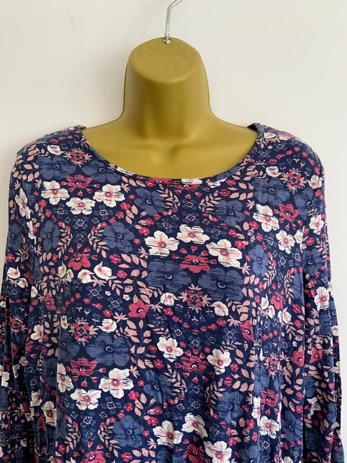 TU Navy Floral Top - Long Sleeve, Round Neck, Size 12