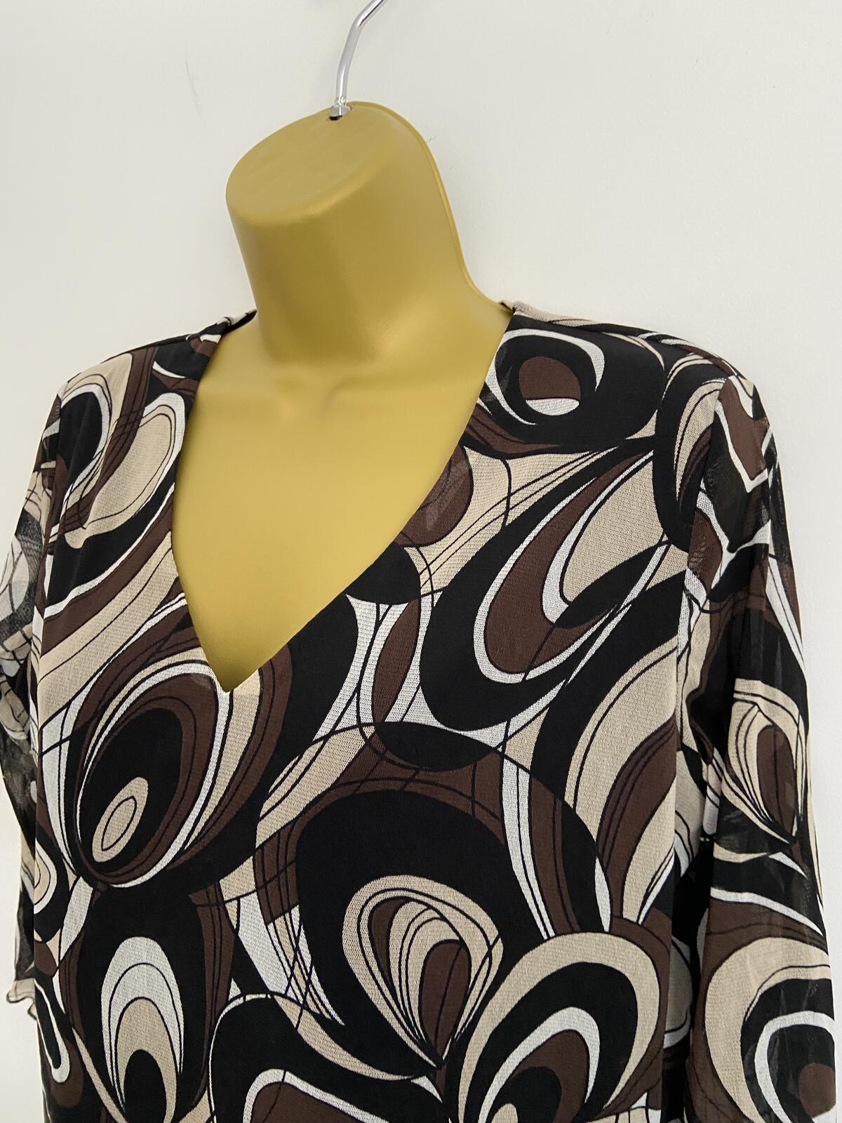 Saloos Black, Beige & Brown Abstract V-Neck Top - Size Medium