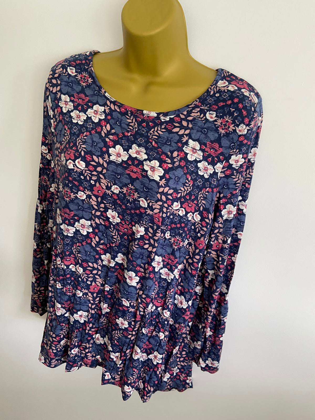 TU Navy Floral Top - Long Sleeve, Round Neck, Size 12