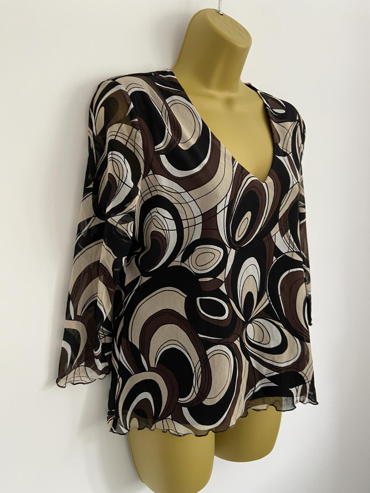 Saloos Black, Beige & Brown Abstract V-Neck Top - Size Medium