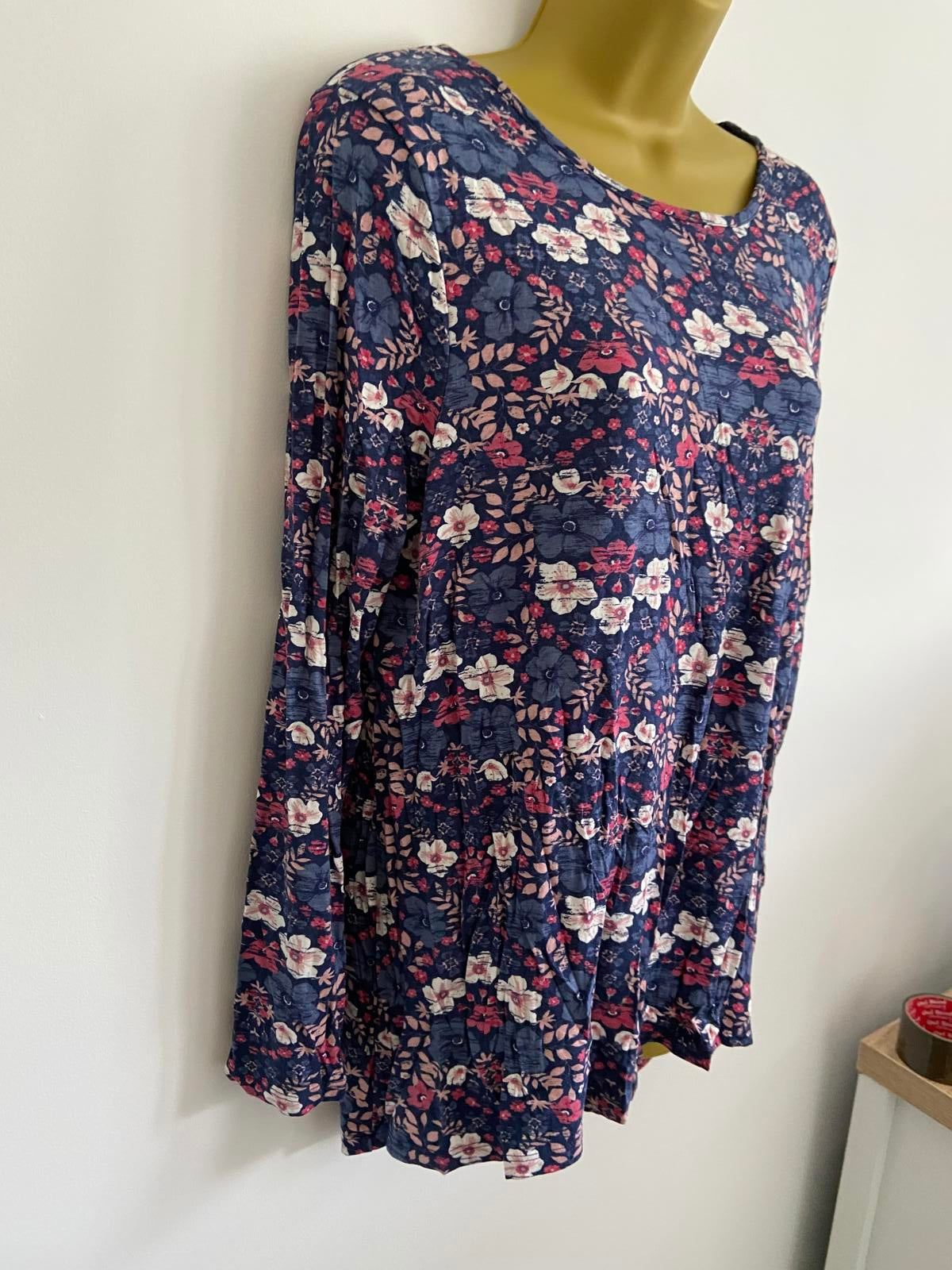 TU Navy Floral Top - Long Sleeve, Round Neck, Size 12